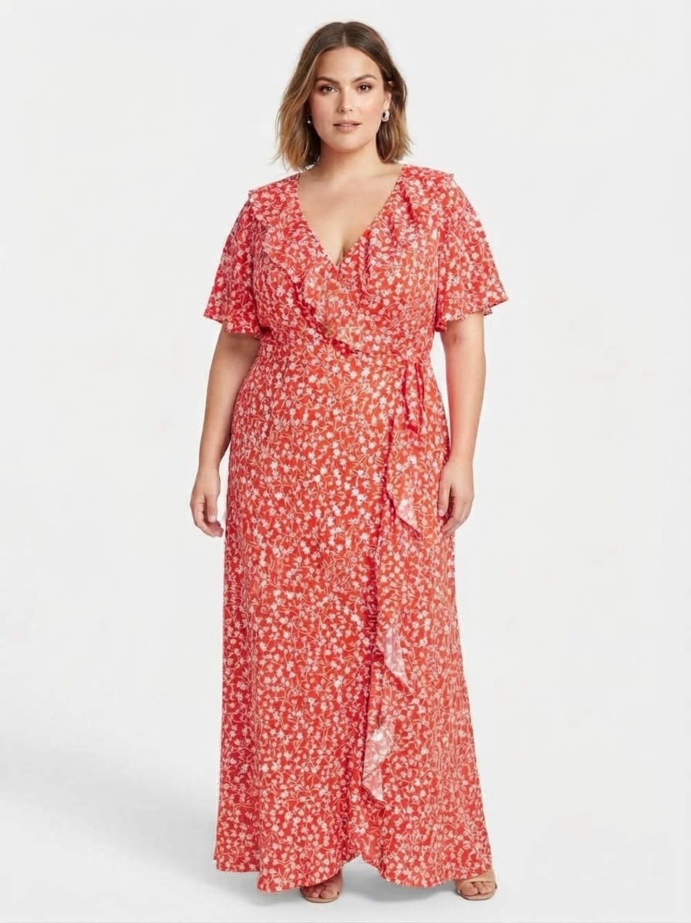 a new day Ruffle Short Sleeve Maxi Dress Floral Red & White XXL
